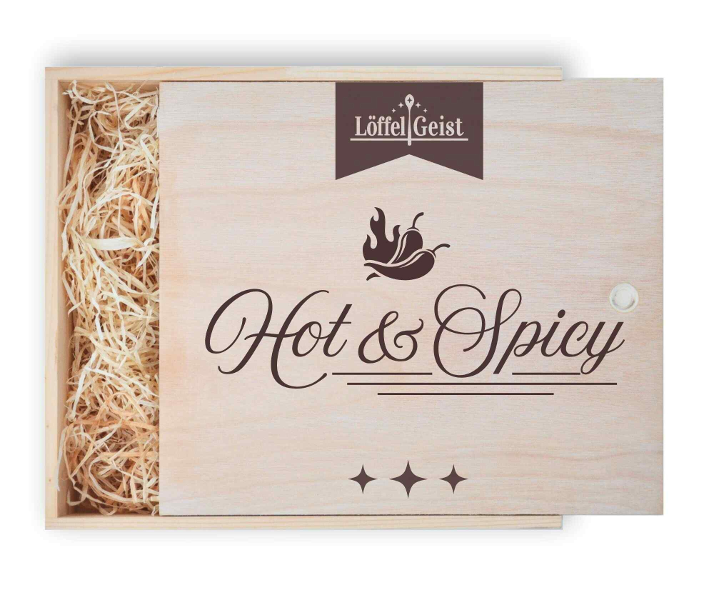 Geschenkverpackung Holzbox mit Lasergravur ´Hot & Spicy´