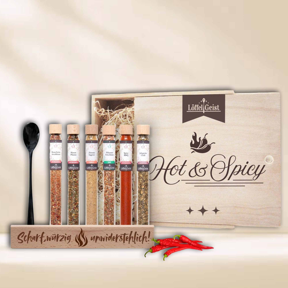 Preview: Gewürz-Geschenkset Hot & Spicy in edler Holzbox
