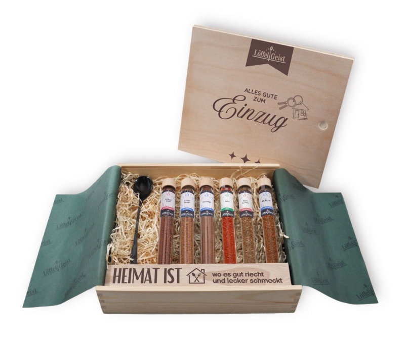 Geschenkset in Holzbox Alles Gute zum Einzug