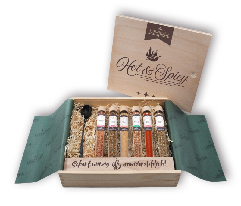 Gewürz-Geschenkset Hot & Spicy in edler Holzbox