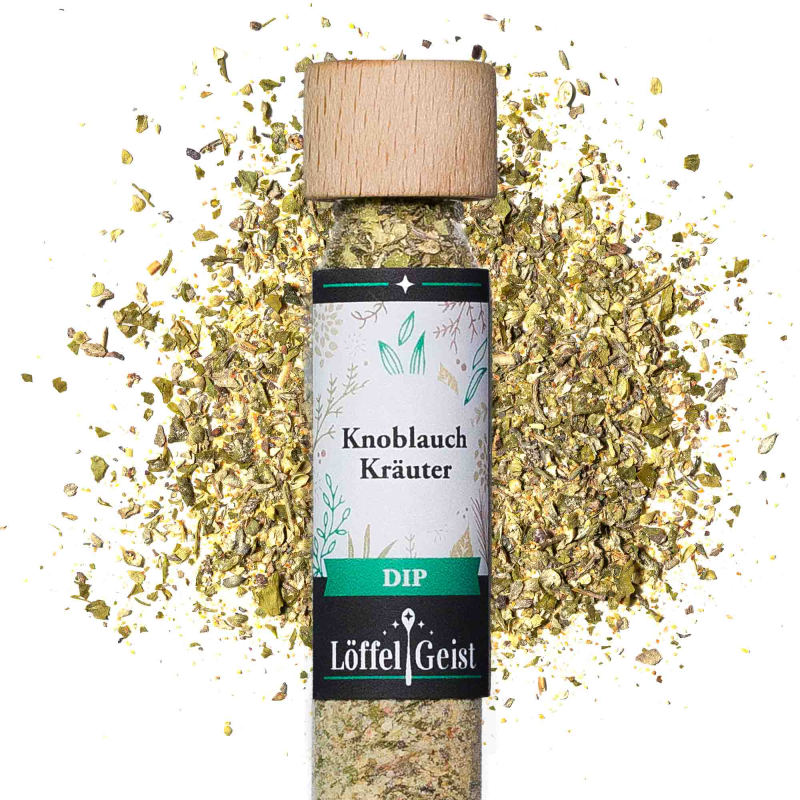 Knoblauch Kräuter Dip im Reagenzglas