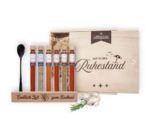 Gewürz-Geschenkset Auf in den Ruhestand in edler Holzbox